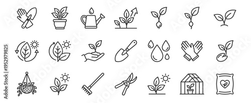 Line gardening icons set with plant, watering can, gloves, rake, trowel, sprout, greenhouse, and fertilizer on transparent background