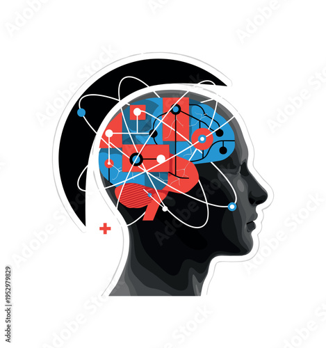 A black-and-white human profile silhouette with an abstract geometric brain composed of flat red and blue blocks and circular nodes connected by thin lines, a