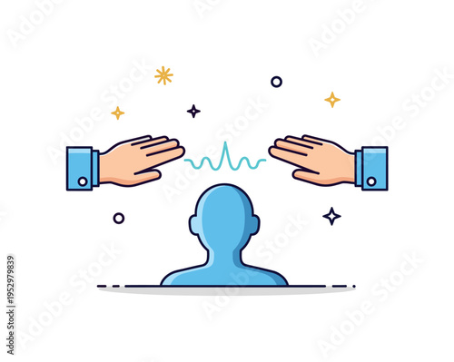 Reiki session symbolic hands aligned over a simplified human silhouette with subtle light waves between them, visualizing mindful presence and holistic