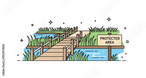 Coastal wetland conservation small observation boardwalk crossing marsh grasses with a subtle sign labeled Protected Area, highlighting environmental awareness
