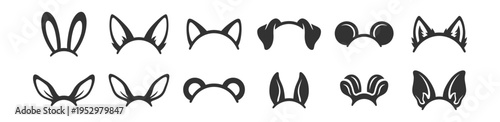 vector animal ear headbands set, cartoon accessories collection on transparent background