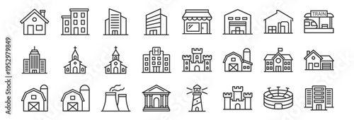 set of outline icons of buildings and structures including house office shop warehouse train station church hospital castle barn factory lighthouse stadium on transparent background