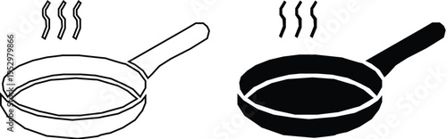 Two simple illustration of frying pan, one in outline and one solid  black, both emitting wavy lines to symbolize heat or steam, suggesting hot or food cooked. 