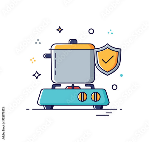 Safe cooking practice stove with a pot and a small shield checkmark icon beside it, representing kitchen safety and careful meal preparation. Minimalist flat