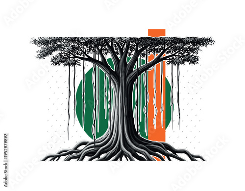 Black and white rainforest tree with extended roots and vines hanging down, bold deep green circle behind the trunk, contrasting orange vertical accent block