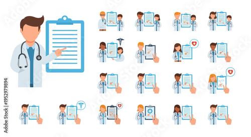 Cartoon Doctors and Medical Professionals Presenting Patient Records and Healthcare Information.