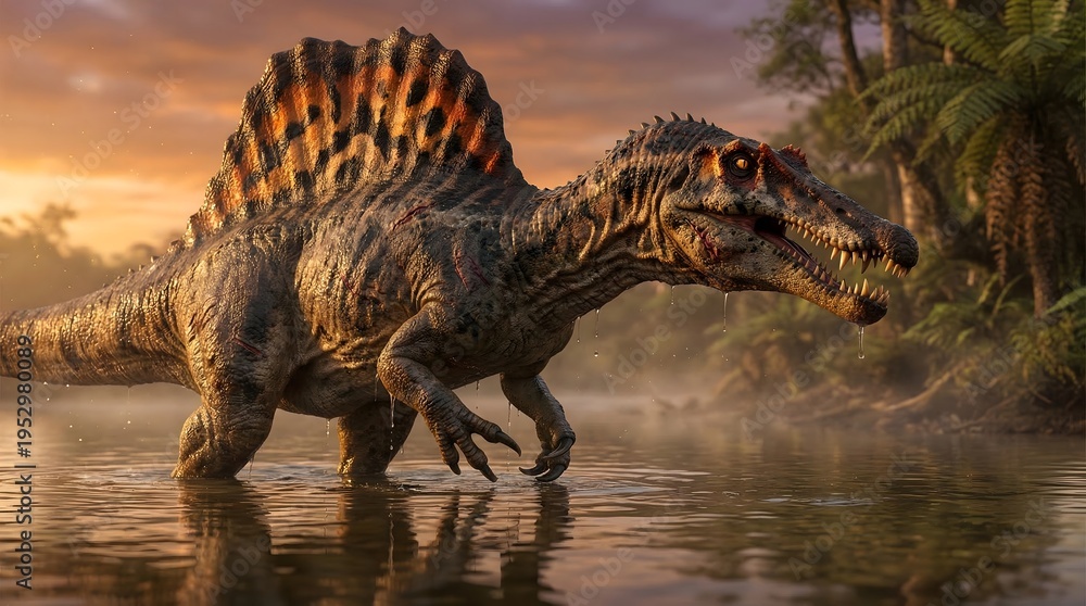 Obraz premium Spinosaurus walking through water in a jungle. This image captures the prehistoric giant in its natural habitat