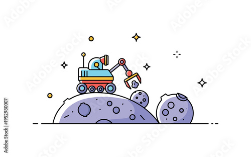 Extraterrestrial exploration and mining concept with a small robotic rover on an asteroid surface collecting ore samples representing innovation and human
