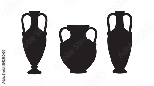 Amphora black silhouette set with two handles on a white background, ancient Greek pottery forms. featuring vase, vessel, amphorae with Roman and