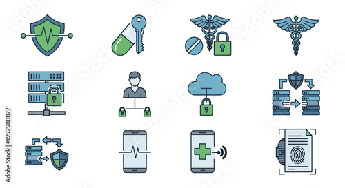 Digital Security and Healthcare Technology Icons: Data Protection Cloud Mobile Health Biometrics Network.