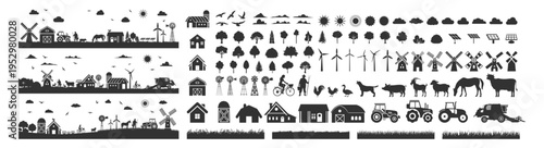 Farm agriculture icon set, rural landscape with tractor barn animals trees windmill and renewable energy symbols on transparent background