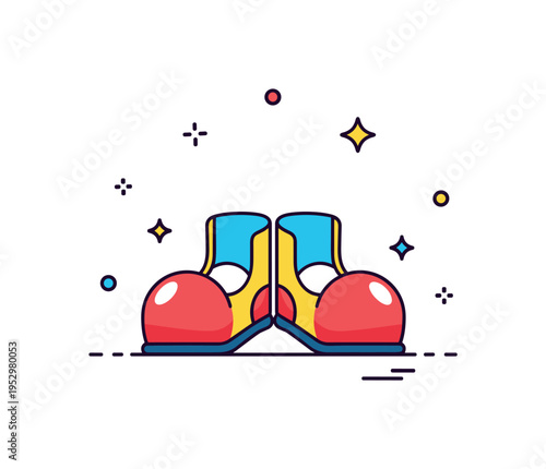 Whimsical stage accessory featuring a pair of rounded clown shoes positioned toe to toe with tiny sparkle accents, expressing friendly humor and theatrical