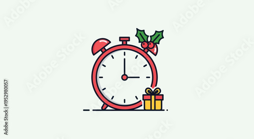Festive Red Alarm Clock with Christmas Holly and Gift.