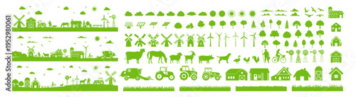 Green farm and windmill icons with animals and solar panels on transparent background