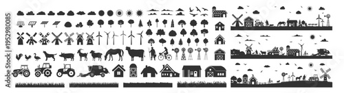 Farm agriculture icon set, rural countryside landscape with tractor barn animals trees and renewable energy symbols on transparent background