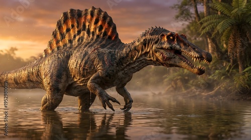 Spinosaurus walking through water in a jungle. This image captures the prehistoric giant in its natural habitat
