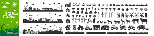 Farm agriculture icon set, rural countryside landscape with tractor barn animals trees and renewable energy symbols on transparent background