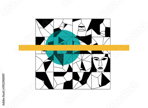 black and white abstract mosaic made of varied geometric faces, bold teal circular halo breaking symmetry and mustard yellow rectangular bar crossing
