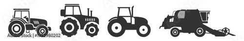 Tractor agriculture icon set, farm vehicle machine and harvesting equipment symbols on transparent background