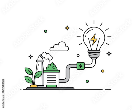 Green energy from waste concept showing a small plant facility with a pipe connecting to a glowing bulb icon symbolizing electricity produced from discarded