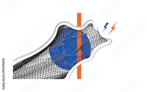 Black and white torn net detail symbolizing intense match moment, vivid cobalt blue circle centered behind the damaged area, bright orange vertical accent line