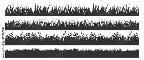 Grass border icon set, nature field and lawn silhouette elements for landscape design on transparent background