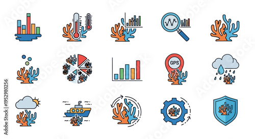 Coral Reef Health Monitoring and Data Analysis Icons.