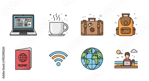 A colorful flat line icon set for digital nomads remote work and world travel concepts.