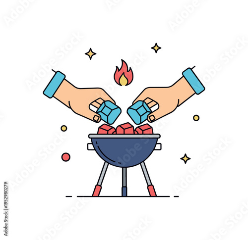 Charcoal preparation ritual illustrated by hands arranging briquettes inside a small grill with a tiny flame symbol above, conveying readiness, anticipation,