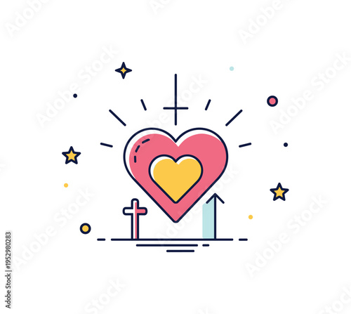 Faith and hope badge central heart combined with a subtle cross and soft upward rays, conveying comfort, resilience and belief in challenging times. Minimalist