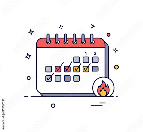 Habit tracking victory illustrated by a calendar with consecutive highlighted days and a small flame icon indicating streak, expressing consistency,