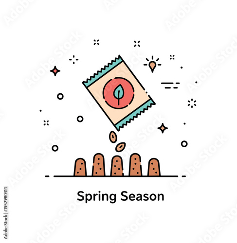 Spring sowing season concept centered on a small seed packet tilted above neat soil rows with tiny dotted seeds falling, symbolizing preparation and