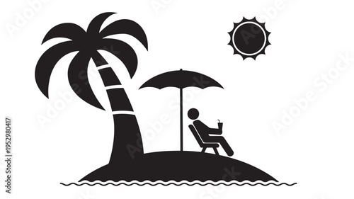 Island paradise with a person relaxing under a palm tree and sun umbrella with a drink in hand featuring beach, tropical, vacation with relaxation