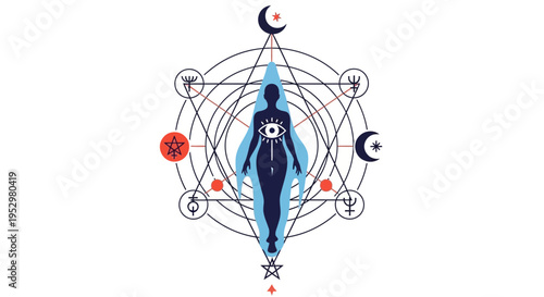Mystical geometric symbol with human silhouette and celestial bodies.