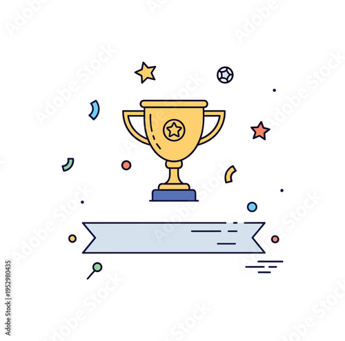 Tournament victory concept showing a raised cup trophy resting above a simple banner strip with subtle confetti elements. The composition captures excitement,
