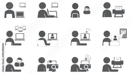 Illustrations of people engaging in various digital and communication activities.