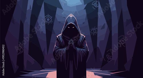 Mysterious hooded figure in a dark, glowing chamber.