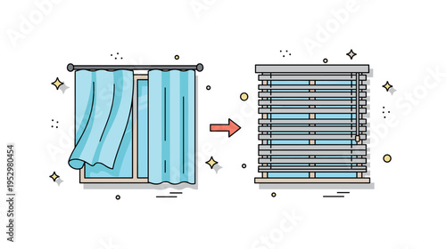 Window makeover transformation showing a small arrow between flowing curtains and structured blinds, representing step by step home improvement. The