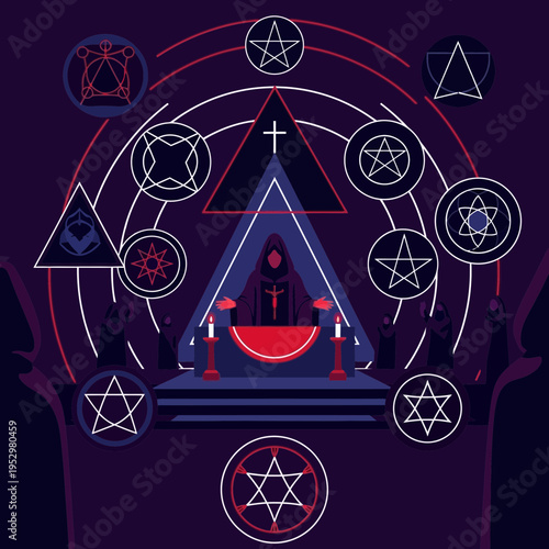 Mystical symbols and geometric patterns form a ritualistic design.