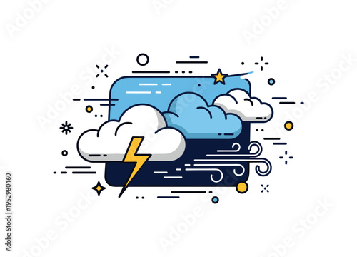 Storm clouds dramatic atmosphere concept built around bold cloud shapes with subtle lightning accent and wind lines, expressing power and dynamic weather