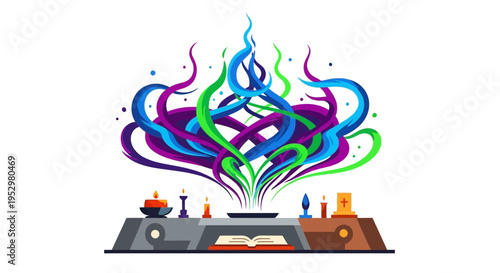 Abstract colorful energy erupting from a scientific apparatus.