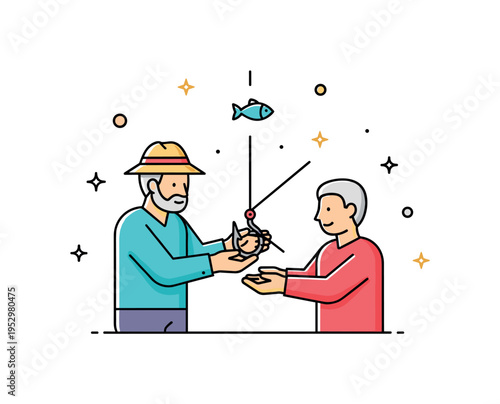 Learning to bait a hook concept with a simple handover gesture between an older and younger figure and a tiny fish icon nearby. The scene reflects patience,