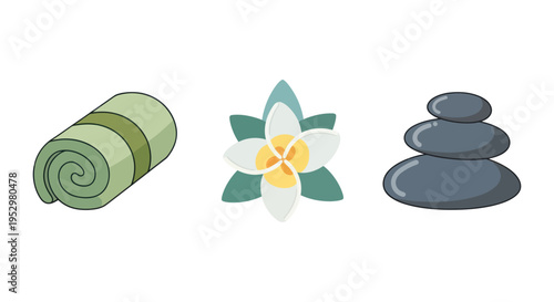 Spa Essentials: Rolled Towel Frangipani Flower and Stacked Stones.