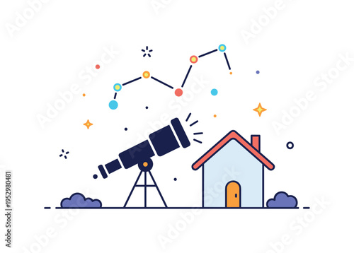 Backyard stargazing experience centered on a telescope silhouette beside a tiny house outline and a glowing constellation overhead, expressing accessible