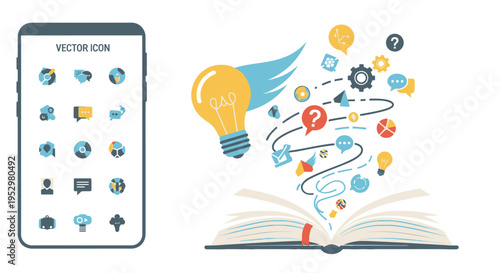 Open book with flying light bulb and icons smartphone with icons.