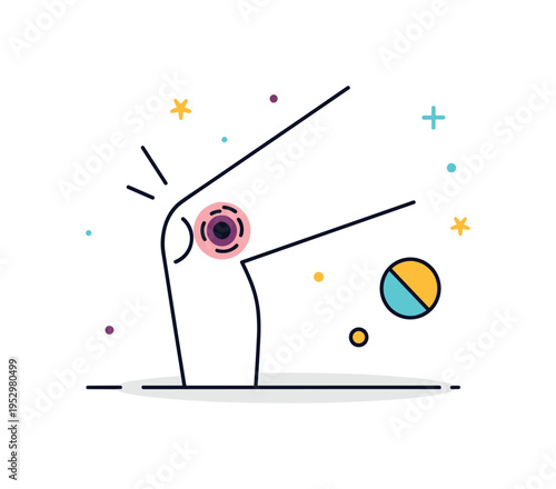 Sports injury bruise on knee showing a simplified bent leg with a darkened circular bruise and a small ball icon nearby, indicating impact during physical