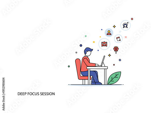 Deep focus session scene centered on a figure at a desk with a subtle leaf accent and minimal distraction icons fading away, expressing clarity, calm