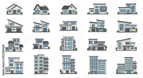 Collection of Various Modern and Traditional House Illustrations.