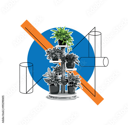 Black and white pet-friendly indoor plant stand with elevated greenery safe for animals, bold blue circular backdrop and orange diagonal accent crossing
