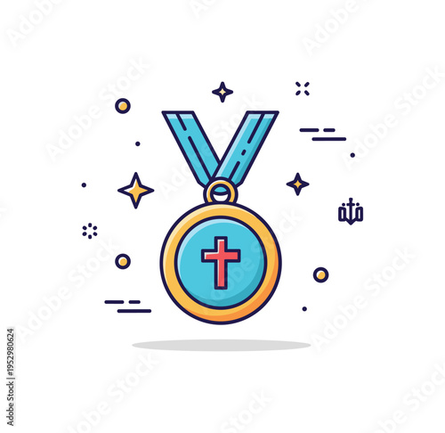 Saint medal silhouette featuring a small circular pendant with cross detail symbolizing protection and faith tradition. The cohesive badge